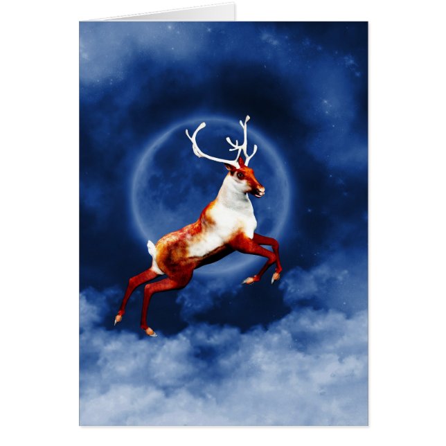 Christmas Card to customise with a flying reindeer (Front)