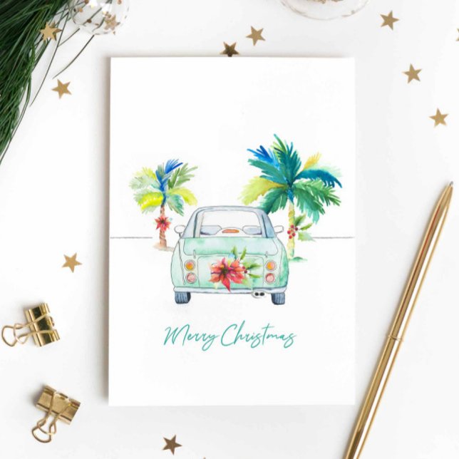 Christmas Card Tropical Florida Watercolor (Tropical holiday greeting cards features Christmas palm tree and car design by Victoria Grigaliunas)
