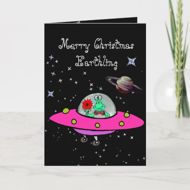 Christmas Card w/Alien in a Spaceship and Planets (Front)