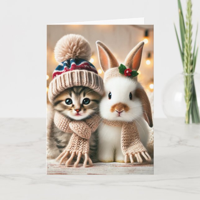 Christmas card with a cat and a bunny (Front)
