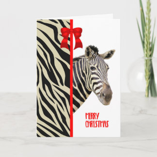 Christmas Card with a Zebra, Stripes and a Red Bow