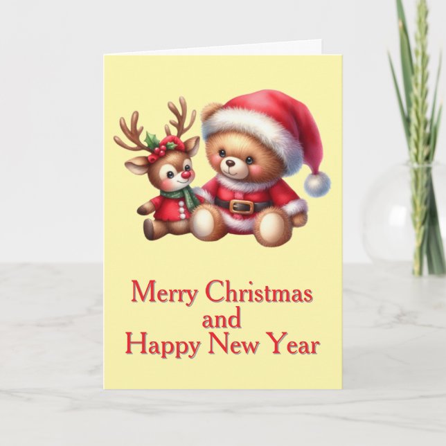 Christmas card with bear and reindeer image. (Front)