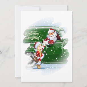 Christmas card with cartoon Santa and Snow Maiden