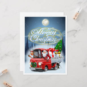 Christmas card with cartoon Santa`s truck
