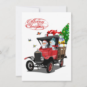 Christmas card with cartoon Santa`s truck