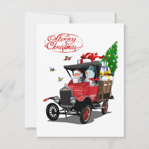 Christmas card with cartoon Santa`s truck