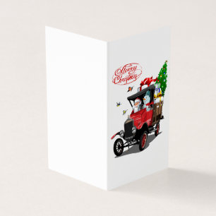 Christmas card with cartoon Santa`s truck