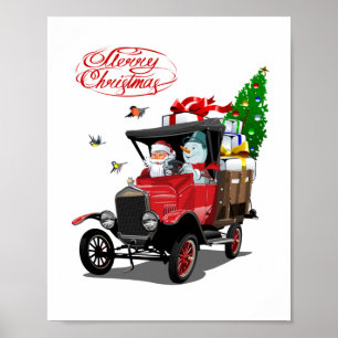Christmas card with cartoon Santa`s truck Poster