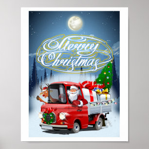Christmas card with cartoon Santa`s truck Poster