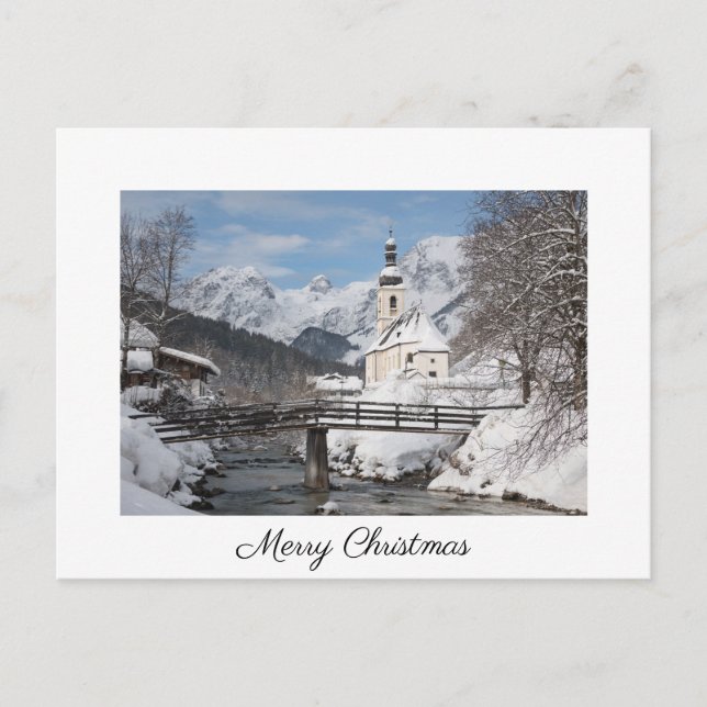 Christmas card with church in the snow in the Alps (Front)