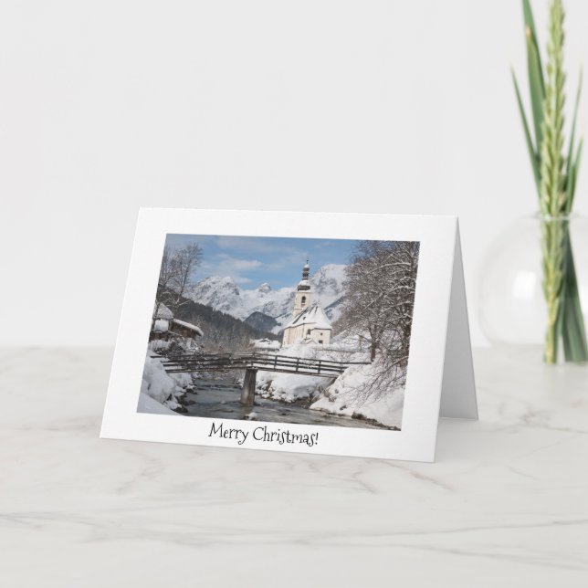 Christmas card with church in the snow in the Alps (Front)