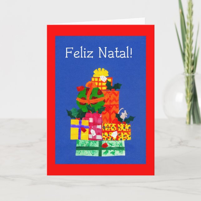 Christmas Card with Gifts - Portuguese Greeting (Front)