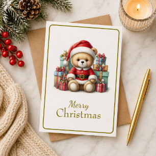 Christmas card with picture of teddy bear and gift