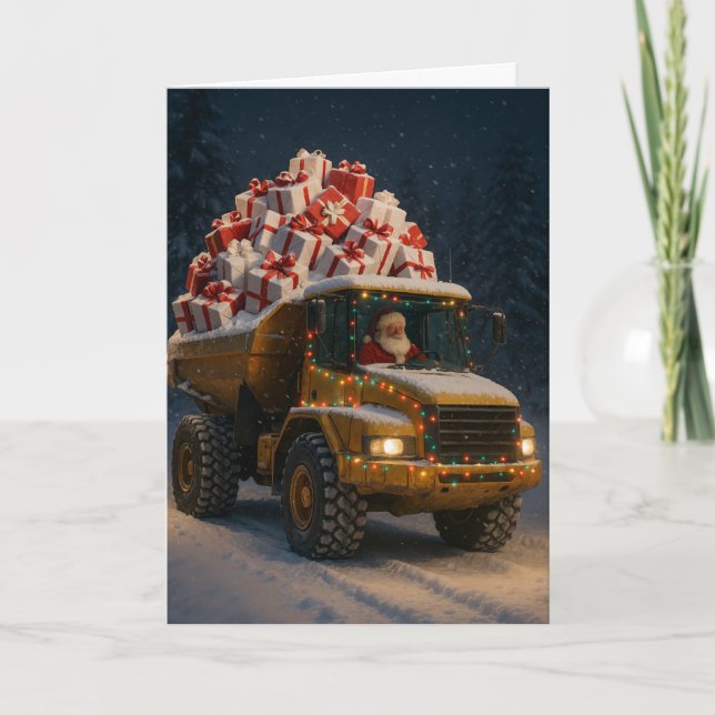 Christmas card with Santa and dumper full of gifts (Front)