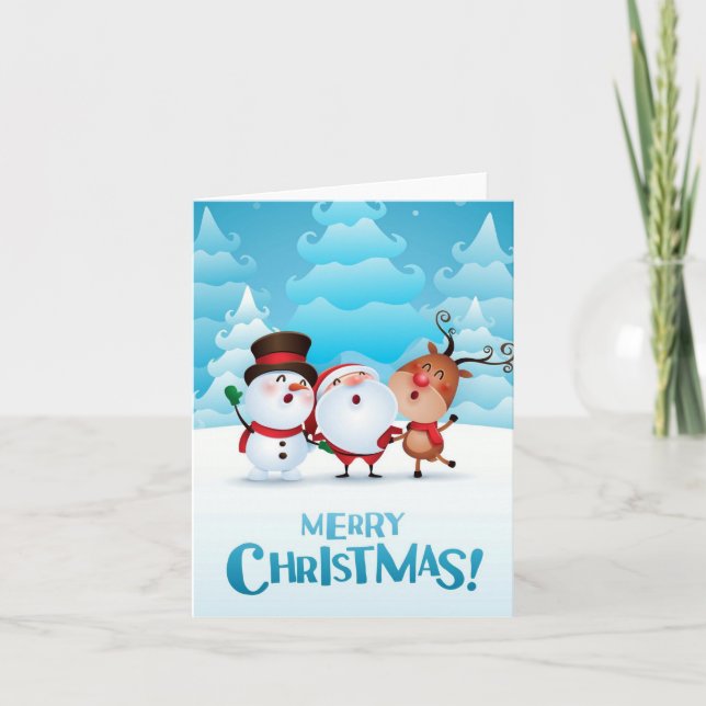 Christmas card with Santa, snowman, and reindeer (Front)