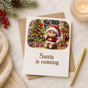 Christmas card with teddy bear and tree image