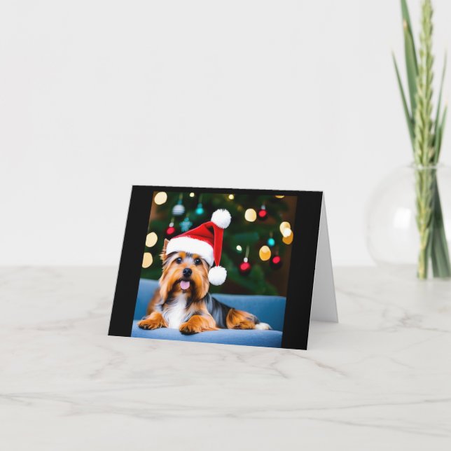 Christmas card with Yorkshire terrier in Santa hat (Front)