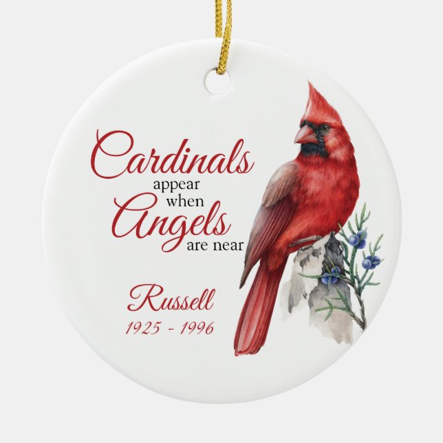 Christmas Cardinal and Angels Memorial Ceramic Tree Decoration (Front)