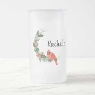 Christmas Cardinal and Holly Frosted Glass Beer Mug