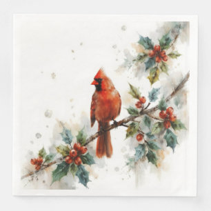 Christmas Cardinal and Holly Leaves Napkin