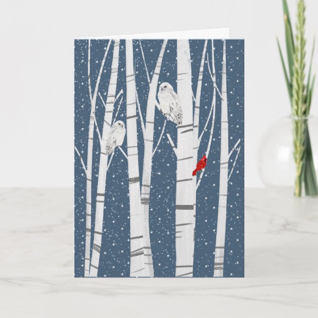 Christmas Cardinal and Owls In Snowflakes Holiday Card (Front)