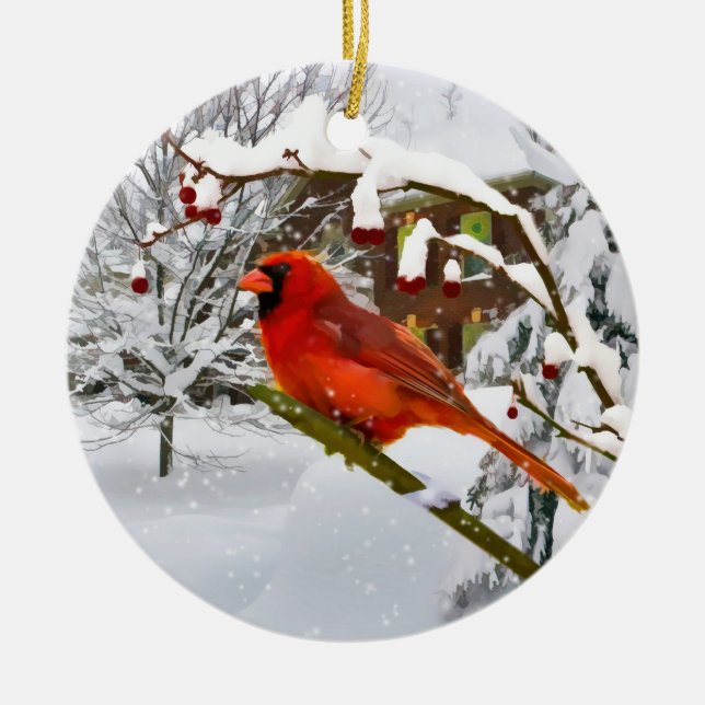 Christmas,  Cardinal Bird, Snow, Ornament (Front)