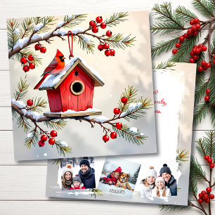 Christmas Cardinal & Birdhouse Personalised  Photo Holiday Card