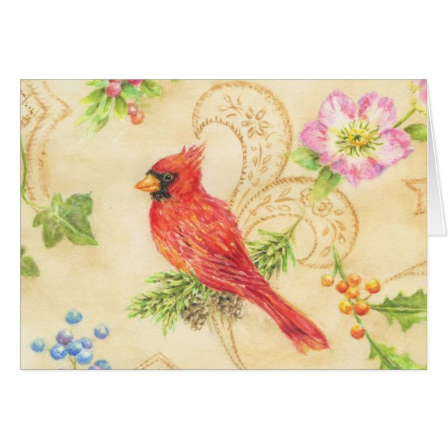 Christmas Cardinal Holiday Botanical Greeting Card (Front Horizontal)