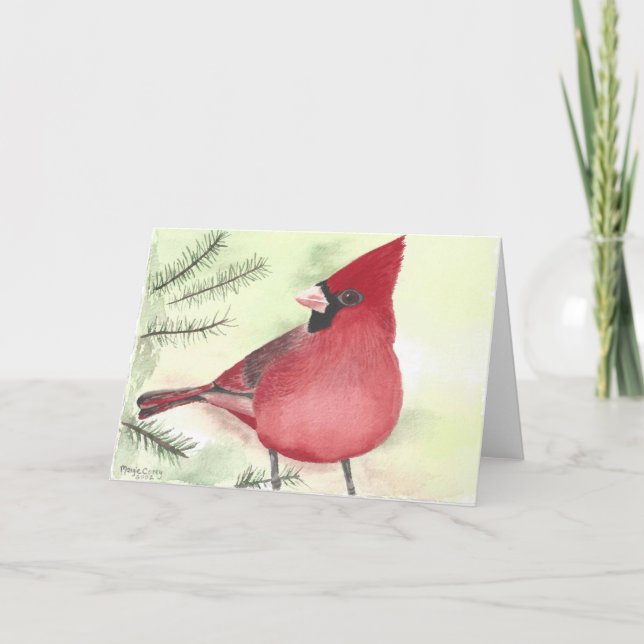 Christmas Cardinal in pines greeting card (Front)