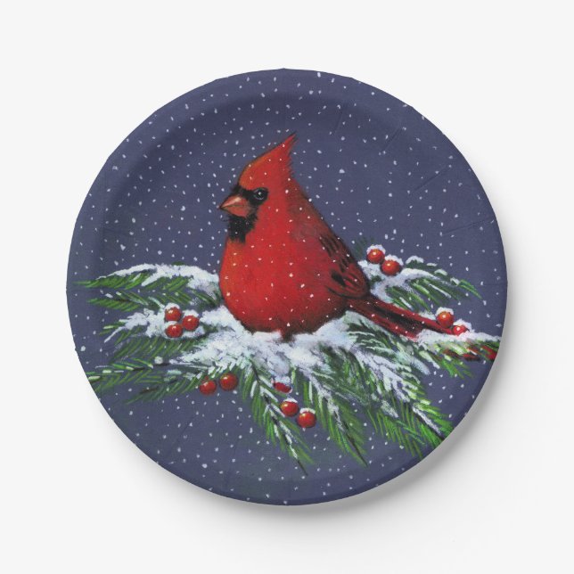 Christmas Cardinal in Snow: Holiday, Bird: Art Paper Plate (Front)