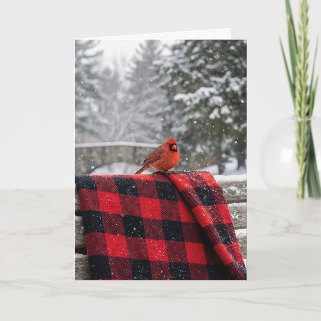Christmas Cardinal On a Buffalo Plaid Blanket Card (Front)