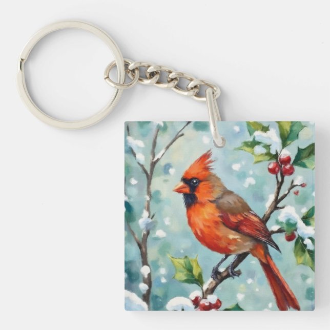 Christmas Cardinal on a Holly Branch Key Ring (Front)