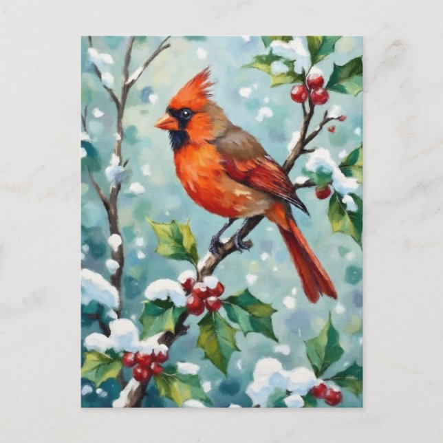 Christmas Cardinal on a Holly Branch Postcard (Front)