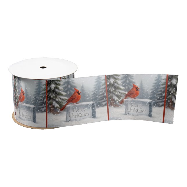 Christmas Cardinal On Ice Block Satin Ribbon (Spool)