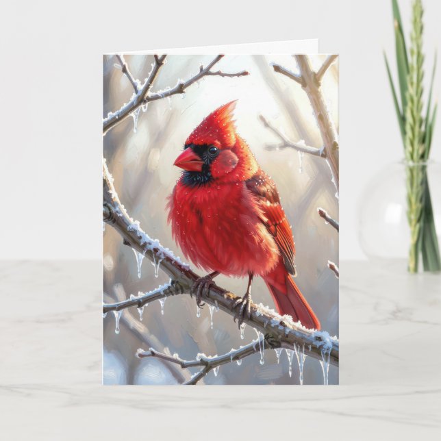 Christmas Cardinal Perched on Branch with Icicles Card (Front)