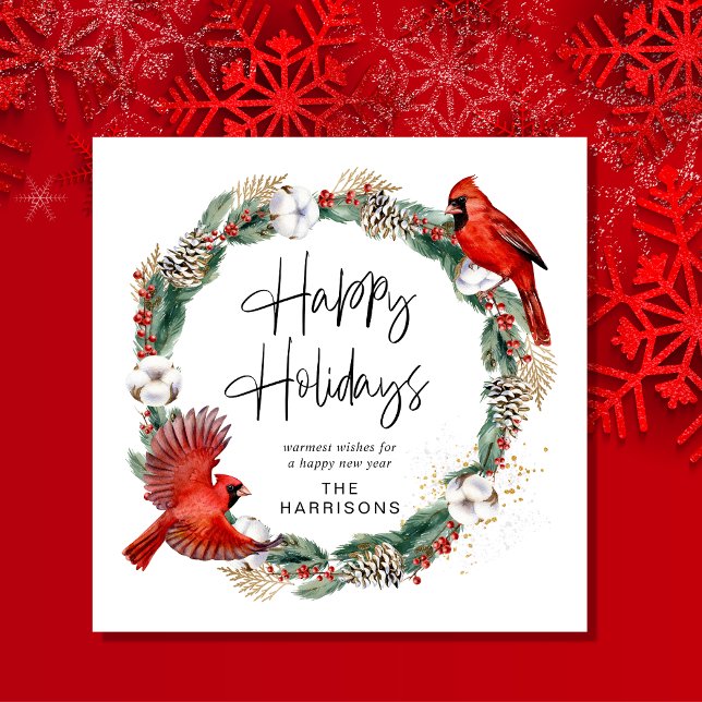 Christmas Cardinal Pine Greenery Wreath Happy Holiday Card (Creator Uploaded)