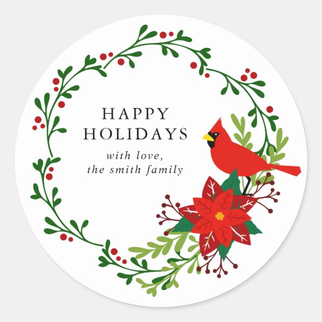 Christmas Cardinal, Poinsettia Wreath Holiday Classic Round Sticker (Front)