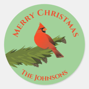 Christmas Cardinal Red Bird Green Sticker Seal