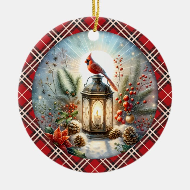 Christmas Cardinal Remember Loved one Lantern Ceramic Tree Decoration (Front)