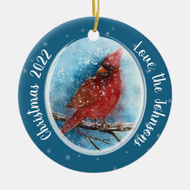 Christmas Cardinal Snowflakes on Red or Blue Ceramic Tree Decoration (Front)