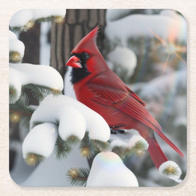 Christmas Cardinal Square Paper Coaster (Front)