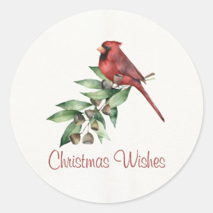 Christmas Cardinal with Greenery Classic Round Sticker