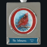 Christmas Cardinal with Name & Date Silver Plated Banner Ornament<br><div class="desc">Christmas Cardinal with Name & Date Silver Plated Banner Ornament - A snowy background with lovely blues, create a lovely space for the Cardinal to rest. A shimmery silver snowflake creates a lovely background. Winter is a beautiful time to witness cardinals. They look so festive. Happy Holidays from Kristin and...</div>