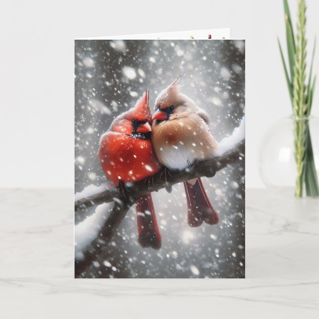 Christmas Cardinals On a Snowy Branch Holiday Card (Front)