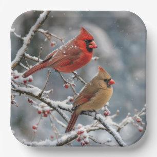 Christmas Cardinals on Winter Tree Branch Paper Plate
