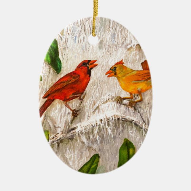 Christmas Cardinals. Singing of love Ceramic Tree Decoration (Front)