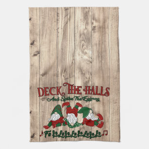 Christmas Carol Eggnog Gnomes Deck The Halls Tea Towel