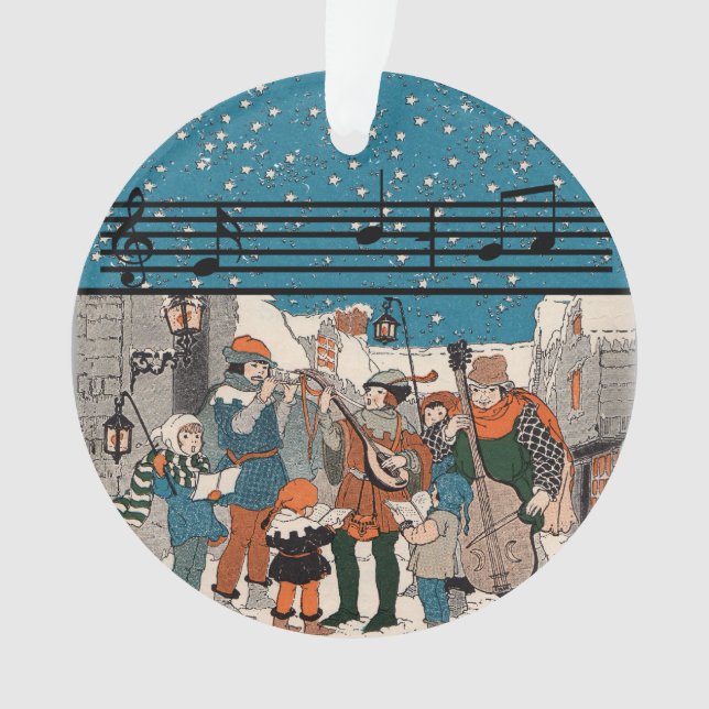 Christmas Carolers Musicians Street Corner Snow Ornament (Front)
