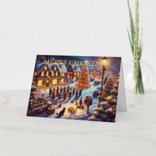 Christmas Carolers with Pets in Village Square Foil Holiday Card