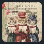 Christmas Caroling Cats Square Sticker<br><div class="desc">Vintage illustration of three cats singing Christmas carols.</div>